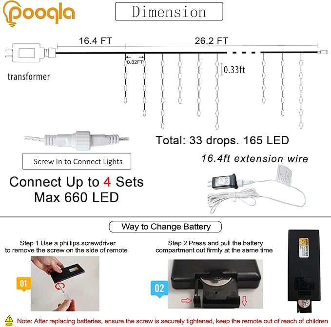 Pooqla Color Changing Icicle Lights with Remote, 34 Colors Christmas Outdoor Decoration, 165 LED 26.2 FT RGB Waterproof Hanging String Lights for Roof Window Home Party Easter Decorations