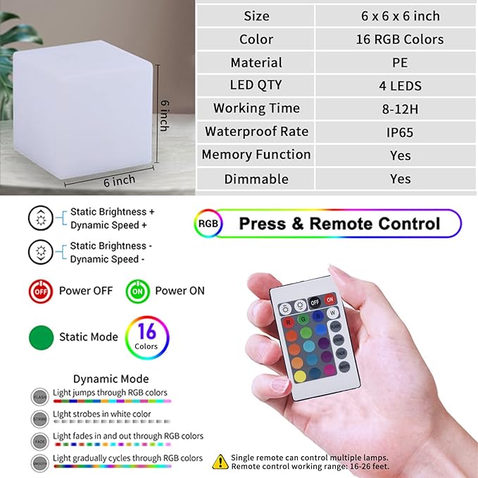 Borelor LED Cube Light, 6-Inch Rechargeable & Remote Control Mood Lamp, 16 Color Changing Glowing Night Light, Dimmable Decorative Lighting for Home/Party/Bar/Wedding