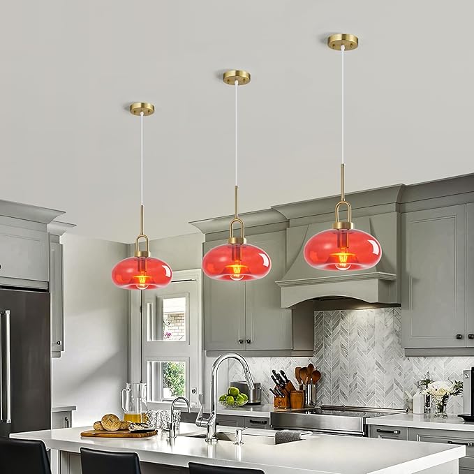 Red Glass Pendant Lights Kitchen Island Gold Pendant Light Fixtures Adjustable Height Modern Pendant Lighting for Bedroom Dining Room (1-Pack)