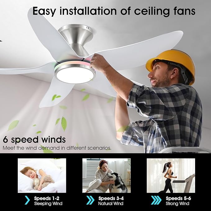 46" Ceiling Fans with Lights Remote/APP Control, Low Profile Ceiling Fans with Dimmable White Colors+Ring RGB Lights, 6 Speeds 5 Reversible Curved Blades for Kids Room Bedroom Living Room Bar, Nickel