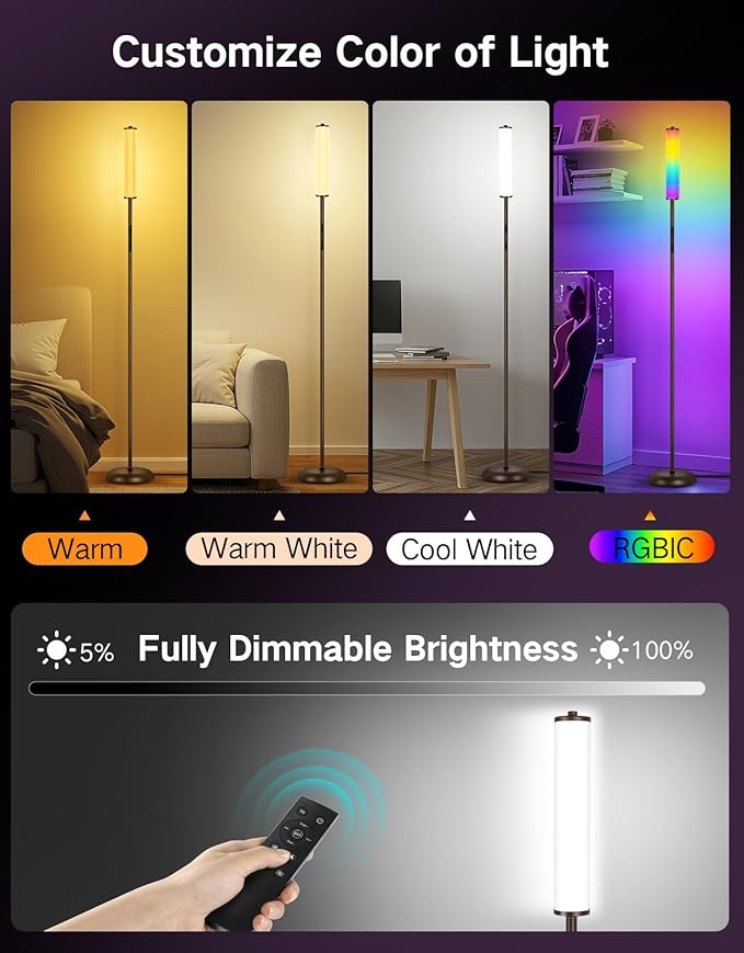 OUTON Corner Floor Lamp with Remote, Touch & App Control, RGB Color Changing Standing Lamp with 32 Modes, 360 Lighting, 3 Color Temperatures, Dimmable 66 in Tall Lamp for Living Room Bedroom,Brown