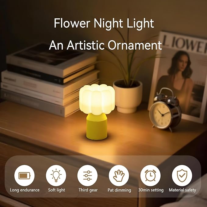 Vivilumens Kids Night Light for Bedroom Dimmable Touch Control 30 Min Auto Off Novelty Flower Brightness Levels Rechargeable Night Lamp Nursery Eye Caring Bedside Lamp Christmas Gifts for Birthday