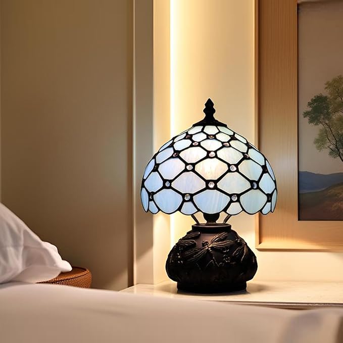 Small Tiffany Mushroom Table Lamp,Mini Memory Sympathy Antique lamp 8X11 Inch (Sea Blue Beads)
