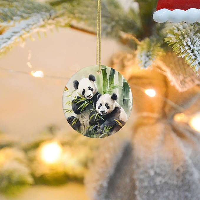 Watercolor Panda Bamboo Christmas Ornaments, Christmas Decorations Xmas Tree Hanging Ornaments, Round Ceramic Festive Keepsake Gift for Christmas Decorations Holiday Home Party Decors