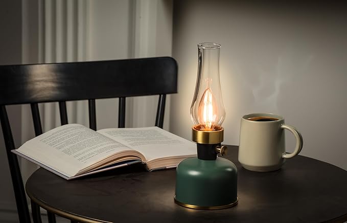 Abbott Collection Lantern LED Lamp with Chimney, Portable Table Light - Metal/Glass, Green (10.5" H)