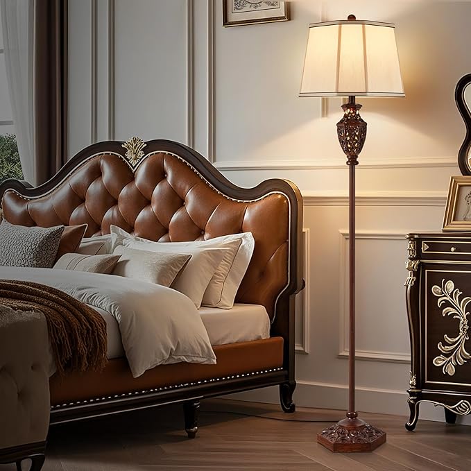 Luvkczc Vintage Floor Lamp - Brown Resin 6-Sided Carved Hollow Light Design, Mid-Century Modern Standing Lamp for Living Room, Bedroom, Study(Bulb Included)