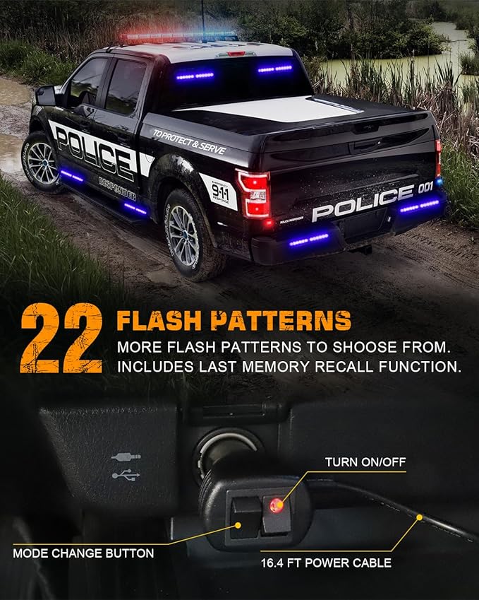 XRIDONSEN 2x 10.7 inch Blue Emergency Lights 24 LED Warning Flashing Safety Side Window Front/Rear Windshield Strobe Lights Grill Surface Mount for Police Firefighter POV Ambulance Vehicles Trucks Car