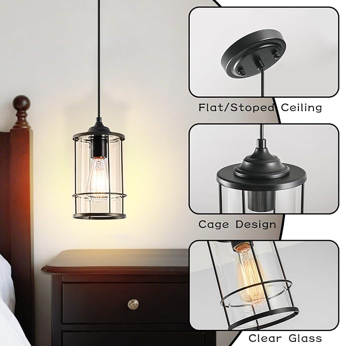 Black Pendant Light Kitchen Island Glass Pendant Light Fixture, Kitchen Hanging Lights with Clear Glass, Modern Farmhouse Cage Pendant Lights for Dining Room Hallway Bathroom