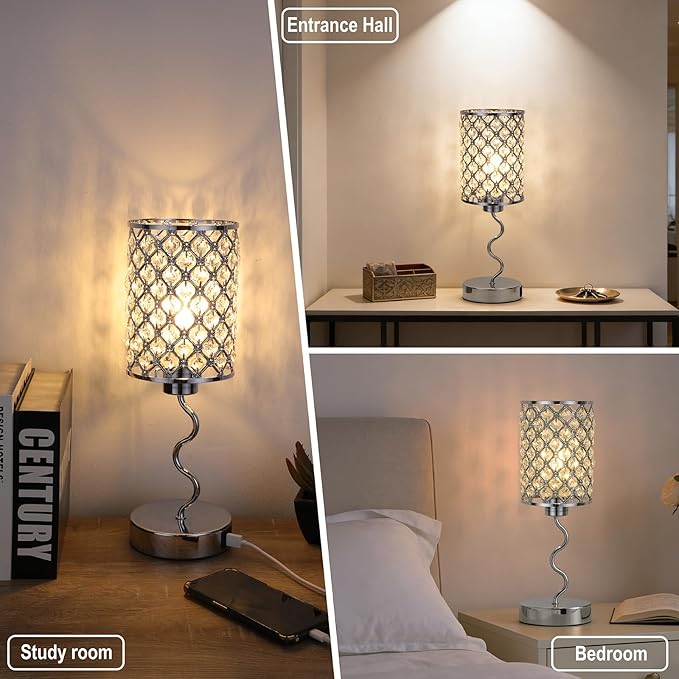 Crystal Table Lamp with 3 Way Dimmable Touch Control, Nightstand with USB A+C Ports, Modern Bedside Touch Lamp for Bedroom, Living Room, Office Reading, Silver