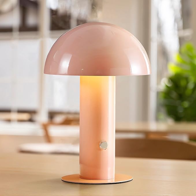 JONATHAN Y 10.75" Pink Rechargeable LED Mushroom Table Lamp, Cordless Portable Bedside Lamp for Living Room Bedroom, 3-Way Dimmable Modern Iron Desk Light, Metal Shade (JYL7115F)