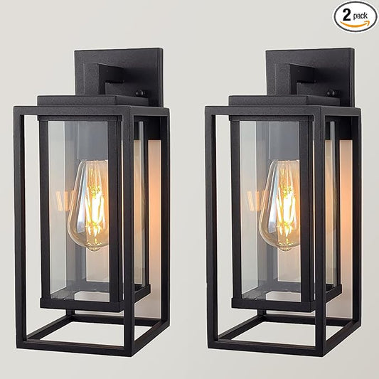 14" Outdoor Wall Light Fixtures Waterproofed Exterior Lantern W/Sturdy Rectangular Double Cage In Satin Black&Clear Tempered Glass,Sconce Mounted For House Patio,Front door,Porch,Garage Lighting 2Pack