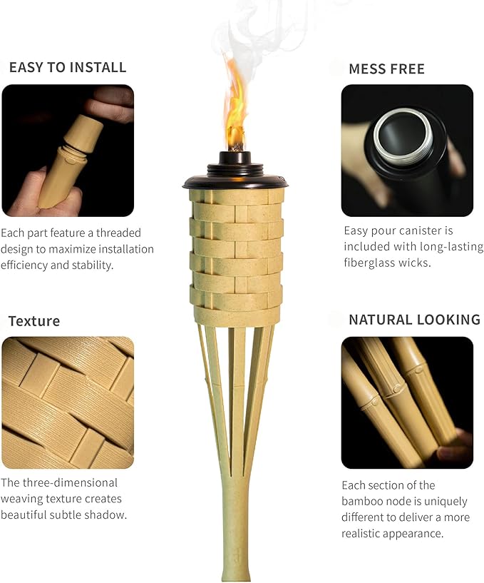 ONETHATCH Faux Bamboo Outdoor Torches (Sundried Color, 4pack); Large Island Citronella Torch for Garden Lighting, Luau Party, and Tropical Decor; Easy Refill Wide-Mouth Canister, Stands 60” Tall