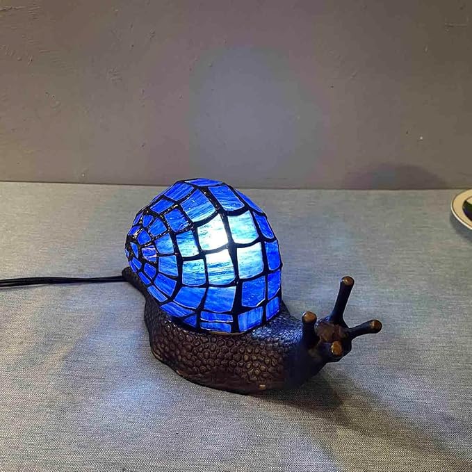 Bieye L10983 Land Snail Tiffany Style Stained Glass Accent Table Lamp for Home Decoration (Blue, 10" D x 5" W x 5" H)