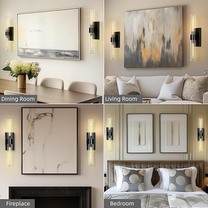 Bronze Vanity Light Sconce, 2-Light Bathroom Wall Sconce Over Mirror, Black Vanity Lights for Bathroom, Dimmable Wall Sconces with Glass Tube, Indoor Linear Wall Sconce for vertical and horizontal