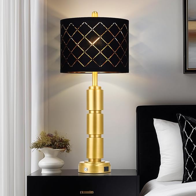 Set of 2 Modern Table Lamps for Living Room Bedroom,29" Tall Bedside Lamp with 2 USB Port,Gold Metal Touch Nightstand Lamp with Black Grid Shade for End Table Entryway,Gold