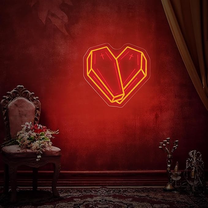 Cross Coffin Heart Neon Sign – Gothic LED LIghts Wall Decor for Bedrooms, Gallery Walls, and Dark Aesthetic Spaces – Unique Gift for Alternative & Goth Lovers – 13.5" x 13.5"