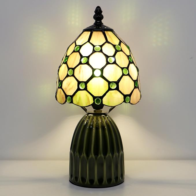 Tiffany Lamp Stained Glass Mushroom Table Lamps 6X6X12.5 Inch Amber Green Pearl Style Small Night Light Ceramic Base Mini Accent Desk Light Suitable for Bedside Table Bedroom Children Room