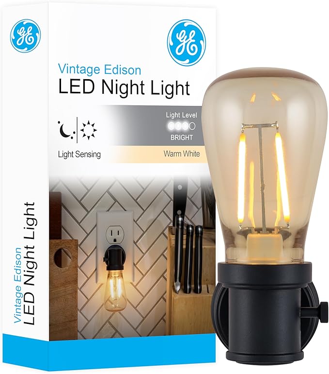 GE Vintage LED Edison Night Light, Plug-in, Dusk to Dawn Sensor, Farmhouse Decor, Mood Lighting, Home Decor, Ambient Lighting, LED Lights for Bedroom, Bathroom, Kitchen, Hallway, Black, 1 Pack, 64346