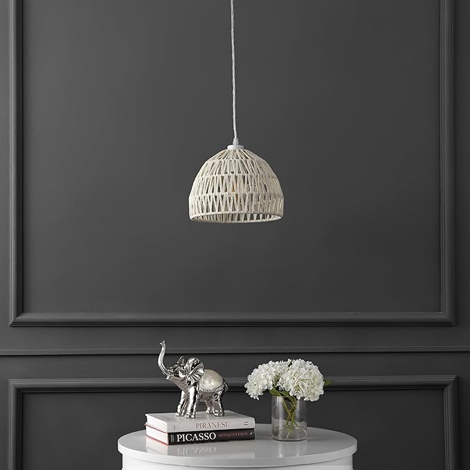 JONATHAN Y 10.25" Cream Modern Bohemian Woven Rope LED Pendant Light Fixture, Adjustable Dome Ceiling Lamp for Kitchen Island, Rope Shade, Coastal Farmhouse Decor (JYL6513C)