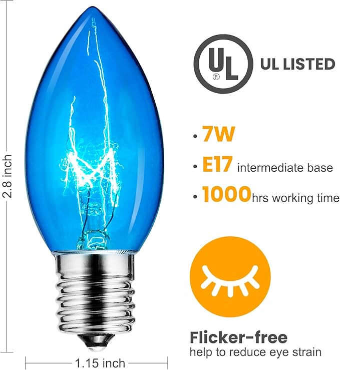 Brightown C9 Incandescent Bulb, C9 Christmas Replacement Light Bulb for Christmas String Light, E17 Intermediate Base, 7 Watt (Blue, 25 Count (Pack of 1))