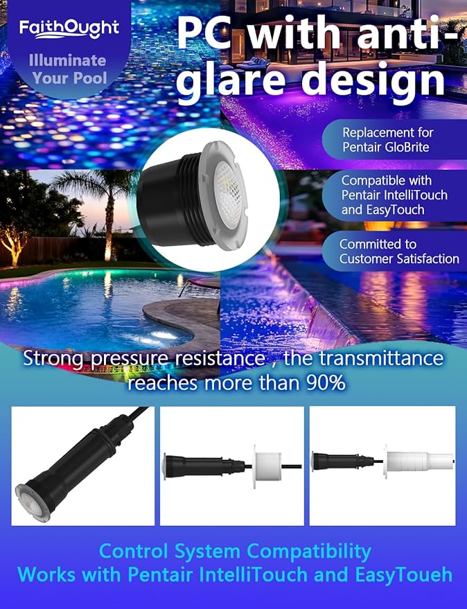 Direct Replacement for Pentair Globrite Color Led Pool Light - 1.5 Inch 100ft Cord 12VAC RGB Changing Swimming for Inground Pools/Spa