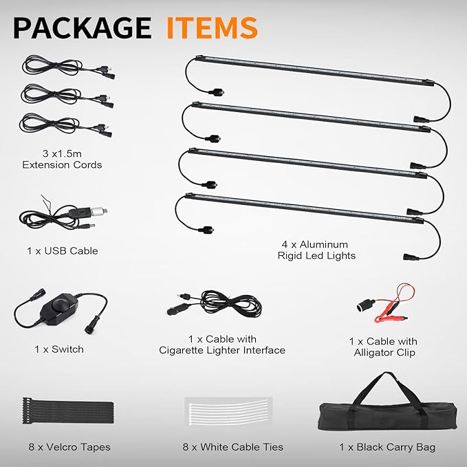 12V LED Interior Light Bar Kit Dimmable IP67 Waterproof Camping String Lights, Aluminum Magnetic Mount Exterior Lights,Portable Lighting for RV, Camping Tent Car Trailer Boat (4 Pack)