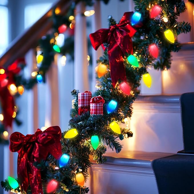 50 LED C9 Christmas Lights Battery Operated 26.5Ft C9 Christmas String Lights Christmas Battery Lights Timer 8 Lighting Modes for Indoor Outdoor Xmas Tree Garden Patio Party Christmas Decor