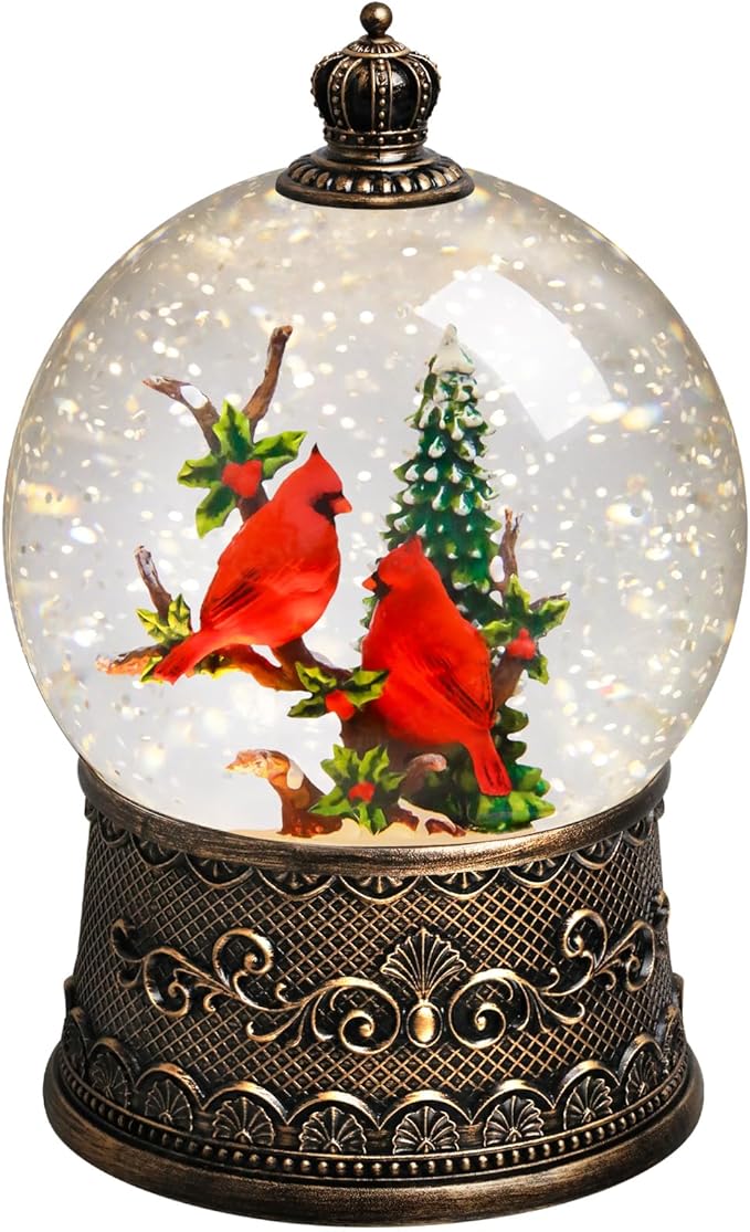 Cardinal Snow Globe Christmas Snow Globes Lantern, Lighted Christmas Decorations Indoor for Home with Music Timer Swirling Glitter, Light Up Musical Cardinals Decor, USB or Battery Operated