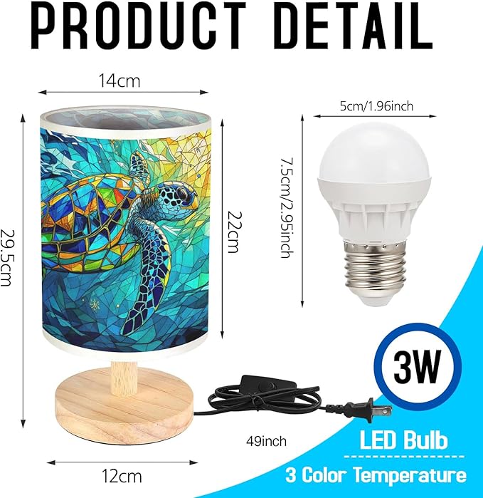 Sea Turtle Table Lamp LED 3-Color Pressed Bedside, Sea Turtle Shade Lamp with Wood Base for Bedroom Living Room Desk Office TL01