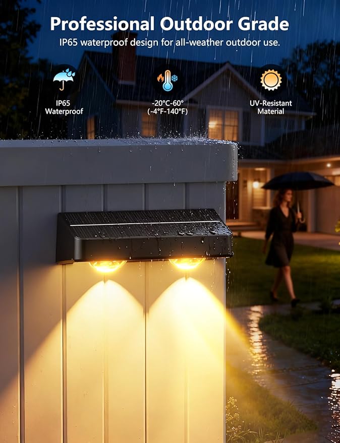 Solar Fence Lights Outdoor, 4 Pack Color Changing Fence Lights Solar Powered with 9 RGB Colors & 11 Lighting Modes, IP65 Waterproof Dusk to Dawn Fence Lights for Patio, Deck, Wall, Backyard