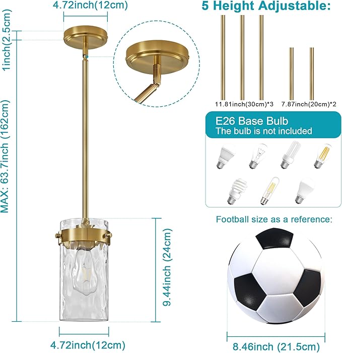 4.72" Hammered Glass Pendant Lighting for Kitchen Island 2 Pack, Modern Brushed Gold Pendant Light Fixtures, Adjustable Ceiling Pendant Light for Kitchen Island Dining Room Bedroom Hallway