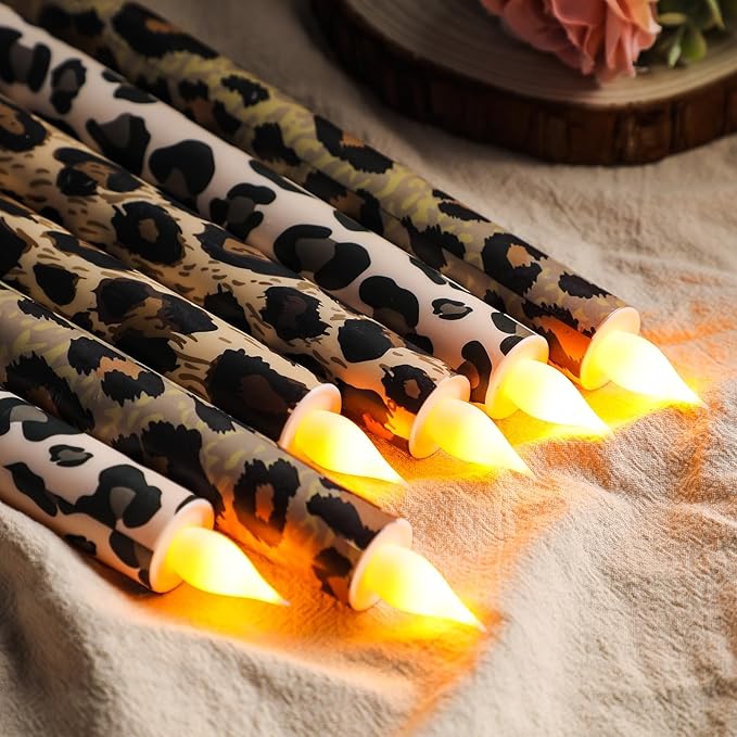 Honoson 6 Pcs Leopard Flameless Taper Candles 10.6 Inch Cheetah Print Candles Battery Operated LED Candlesticks for Animal Theme Birthday Party Dinner Table Home Bathroom Decor