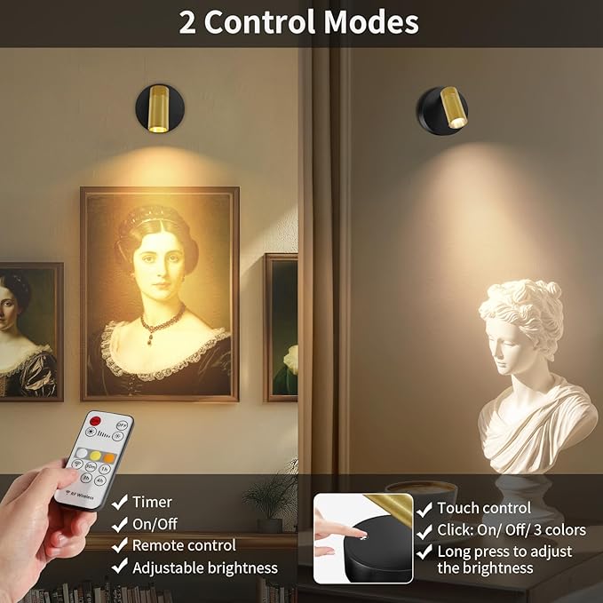 Spotlight Indoor, Wireless Uplighting Indoor with Remote Dimmable, 350° Rotate,Rechargeable Battery Powered Ceiling Spotlight for Artwork Painting Tree Plant Picture Lights Black and Gold