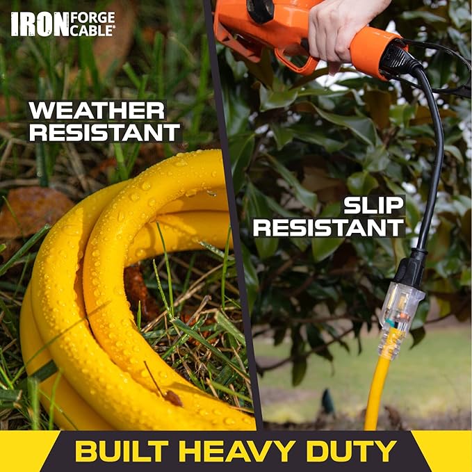 Iron Forge Cable Outdoor Extension Cord 25 Ft, 2 Pack - 10 Gauge Heavy Duty Extension Cord, 15 AMP, 10/3 Yellow Cable SJTW Weatherproof with 3 Prong