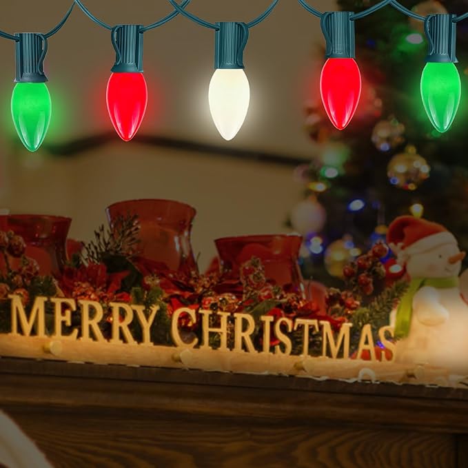 25FT C7 Christmas Lights Outdoor, Red Green White 3-Color LED String Lights for Roof, Fence, Tree, Wedding, Party, Patio, Bright Holiday Decor