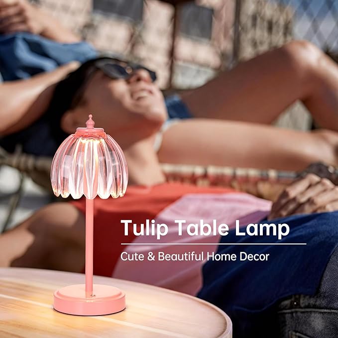 Rechargeable Table Lamp with 5200mAh Battery & Touch Control - 3 Adjustable Color Temperatures, Cordless Dimmable Table Light for Bedroom, Office Desk, Nightstand (Clear Pink,Pink Base)