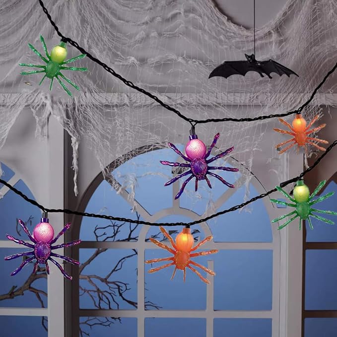 Halloween Spider String Lights Outdoor, 8.5FT Hanging Halloween String Lights with 10 LED Multicolor Spider Lights UL Listed for Outdoor Party Stair Bar House Garden Yard Decorations- Black Wire