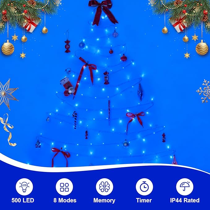 QITONG Blue String Lights Outdoor, 165ft 500 LED Christmas Light Plug-in with 8 Modes, Clear Wire Twinkle Xmas Lights Indoor