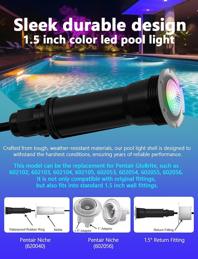 Direct Replacement for Pentair Globrite Color Led Pool Light - 1.5 Inch 100ft Cord 12VAC RGB Changing Swimming for Inground Pools/Spa