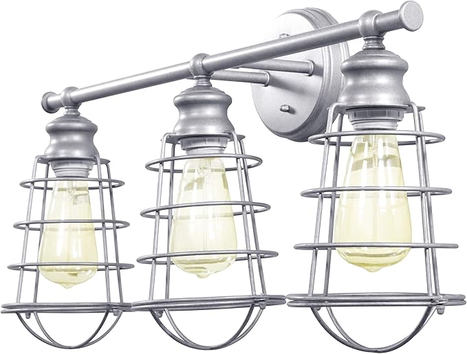 Design House 519728 Ajax Industrial Modern 3-Light Indoor Bathroom Vanity Light with Metal Wire Cage Over the Mirror, Galvanized Steel