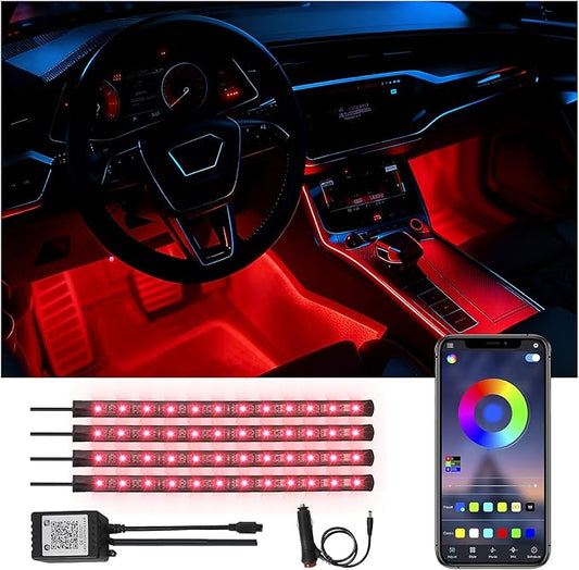Car Interior LED Lights - 4PCs RGB Strip Lights with Bluetooth APP Control, Music Sync/DIY Mode, Cigarette Lighter Powered Ambient Lighting Kit for Cars, Trucks, SUVs (Universal Fit)