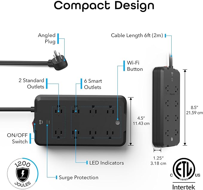 Geeni Surge Ultra Smart 8-Outlet Surge Protector – 6 Smart Outlets, 2 Always-On Outlets, 6 ft Cord, WiFi & Voice Control with Alexa/Google, 1200 Joules Protection, No Hub, Black