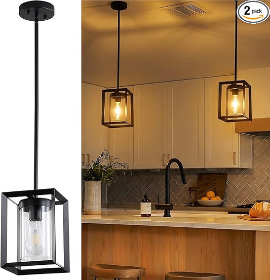 2 Pack Farmhouse Black Kitchen Island Pendant Light Fixtures,Height Adjustable Metal Rod Hanging Modern Pendant Lighting with Metal Cage and Clear Glass Shade for Entryway Bedroom