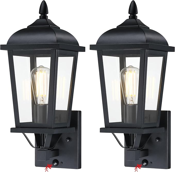 2-Pack Motion Sensor Outdoor Wall Lantern, Dusk to Dawn Outside Modern Lighting Fixtures, Black Exterior Porch Lamp Lighting, Waterproof Outdoor Wall Sconce for Patio (Black Cover)