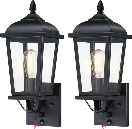 2-Pack Motion Sensor Outdoor Wall Lantern, Dusk to Dawn Outside Modern Lighting Fixtures, Black Exterior Porch Lamp Lighting, Waterproof Outdoor Wall Sconce for Patio (Black Cover)