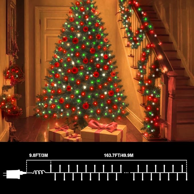 LAMPHOME 165ft Christmas Decorative Mini Lights, 500 LED Transparent Wire Fairy Starry String Light Plug in, 16Lighting Modes for Indoor Outdoor Xmas Tree Wedding Party Decoration (Red Green White)
