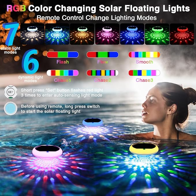 Solar Pool Lights(4 PACK), USB Rechargeable Floating Pool Lights, 6.69 Inch IP68 Waterproof 6 Dynamic Modes Upper and Lower Color Changing 2600mAh Hangable Floating Light with Remote for Bathtub