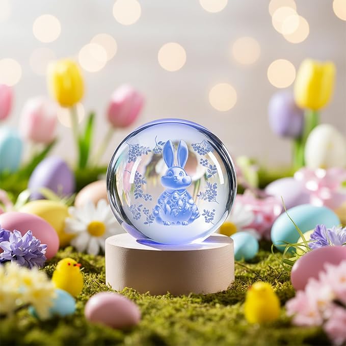 Easter Light up Bunny 3D Crystal Ball 60MM Rabbit Decor Sphere Figurine Collectibles Glass Art Animal Night Light for Kids
