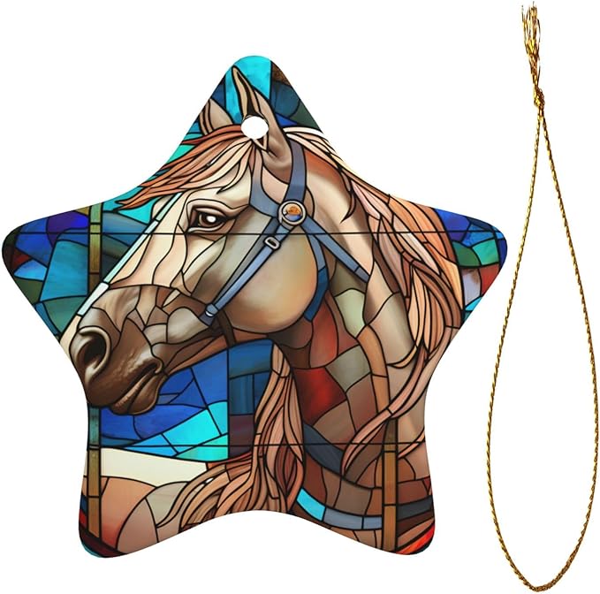 Glass Horse Christmas Ornaments, Christmas Decorations Xmas Tree Hanging Ornaments, Star-Shaped Ceramic Festive Keepsake Gift for Christmas Decorations Holiday Home Party