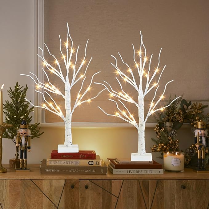 PEIDUO Easter Decorations, 2FT Birch Tree with LED Lights, Warm White Light up Tree Lamp, Easter Tree for Home Table Inside, Easter Decor Indoor, Battery Powered, Timer (2PK)